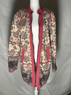 Free People Cream and Paisley Floral Quilted Reversible Denim Jacket